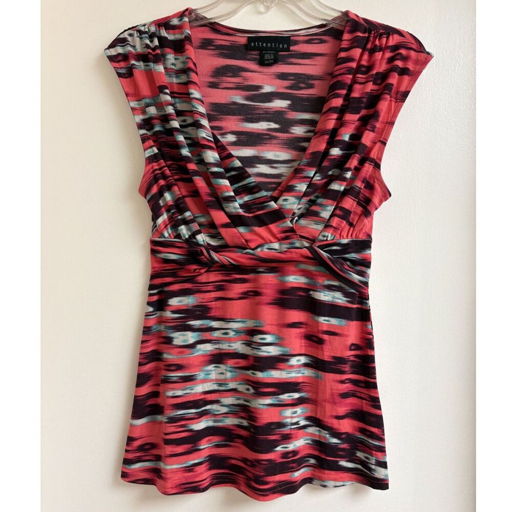 Attention Y2K Ikat Babydoll Sleeveless Top Red Purple Slinky Ruched V Neck Small - Picture 2 of 7
